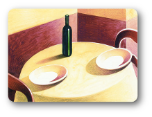 Painting of a dinner table set for two with a bottle of wine.